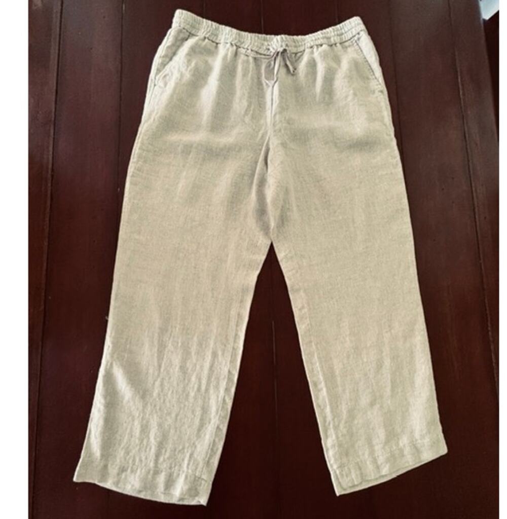 Talbots XLP 100% Linen Pants Beige Pull On Elastic Waist Pockets Petite